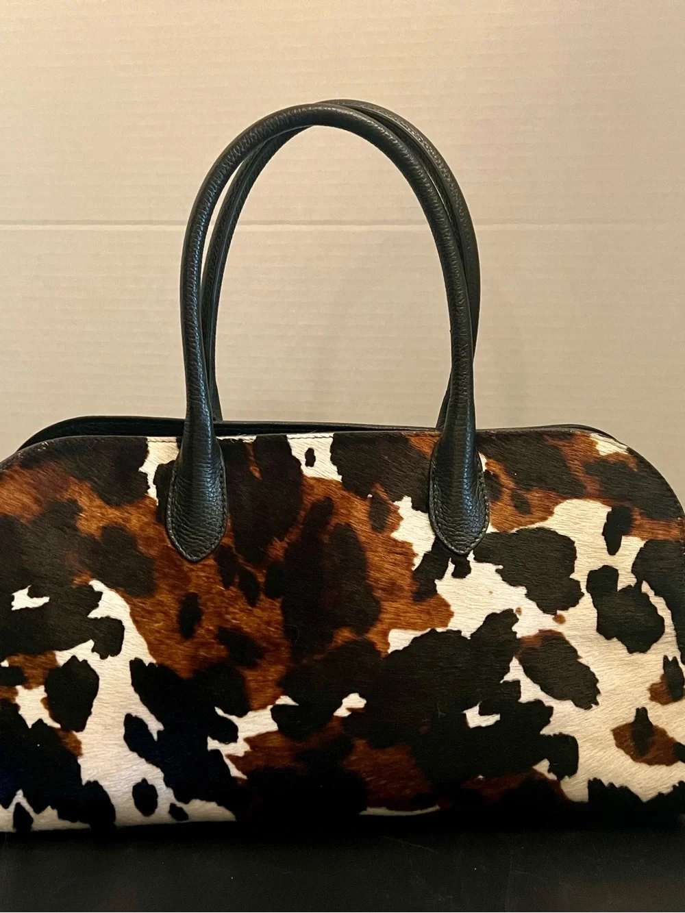 Cowhide Pattern Top-Handle Women's Bag in Brown and Black